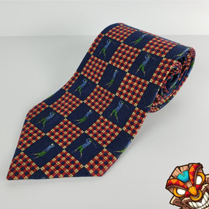 Tommy Hilfiger Swinging Golfer Burgundy & Blue Golf Print Silk Neck Tie EUC